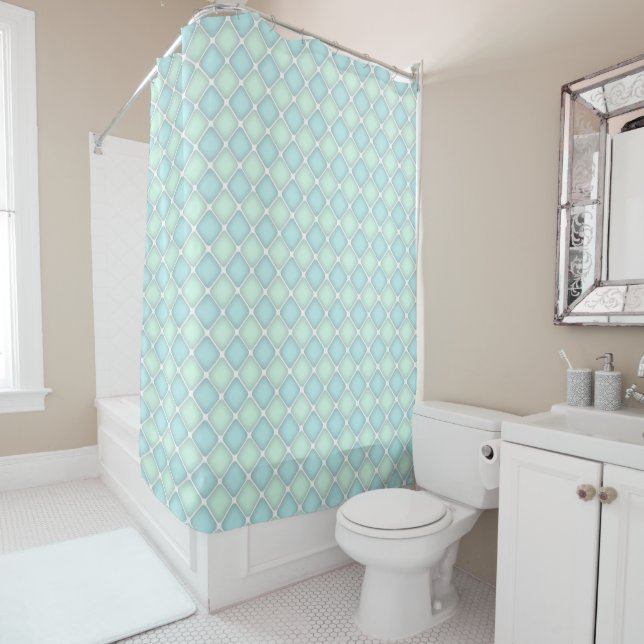 Pastel Green and Blue Checked Tile Shower Curtain (In Situ)