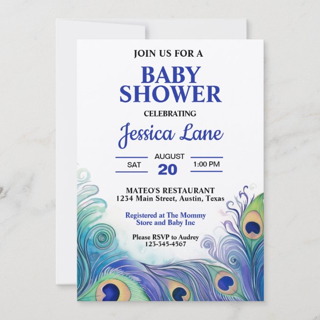 Pastel Green and Blue Peacock Feathers Baby Shower Invitation (Front)