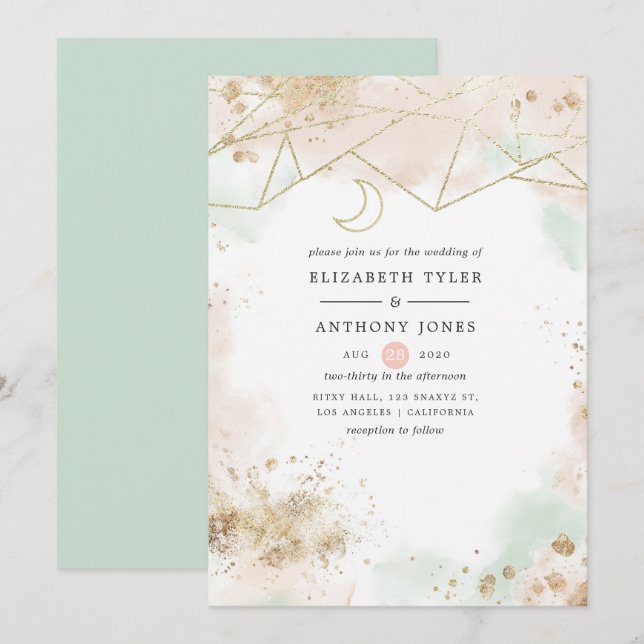 Pastel Green and Blush Geometric Wedding Invitation (Front/Back)