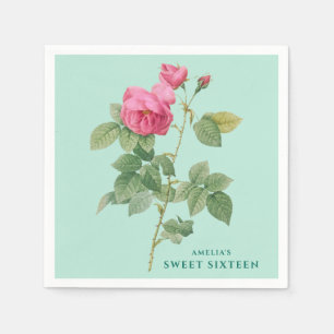 Pastel Green and Pink Rose Vintage Botanical Napkin