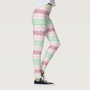 Pastel Green and Rose Abstract Stripes Pattern Leggings