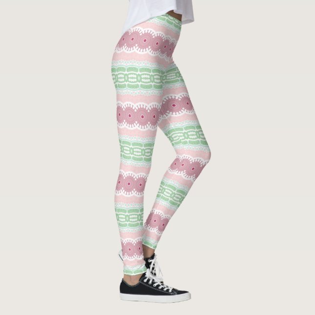 Pastel Green and Rose Abstract Stripes Pattern Leggings (Right)