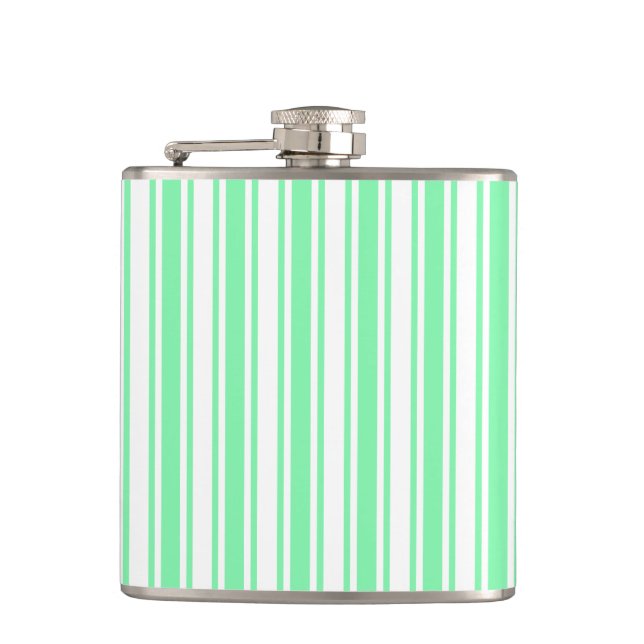 Pastel green and white candy stripes hip flask (Front)