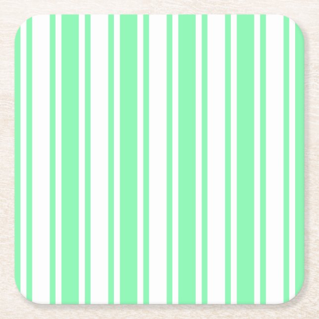 Pastel green and white candy stripes square paper coaster (Front)