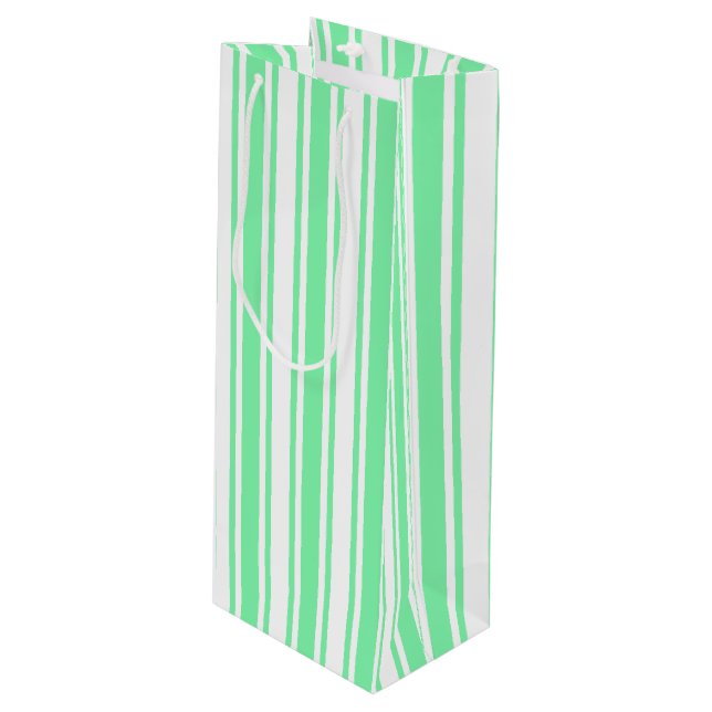 Pastel green and white candy stripes wine gift bag (Front Angled)