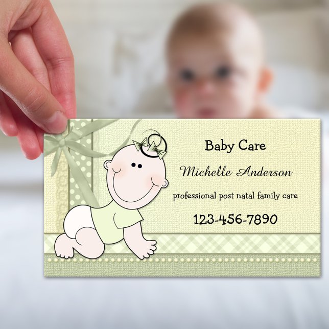 Pastel Green Baby Care Baby Sitter Business Card (Professional baby and family care or baby sitter business card with cute baby on pastel green)