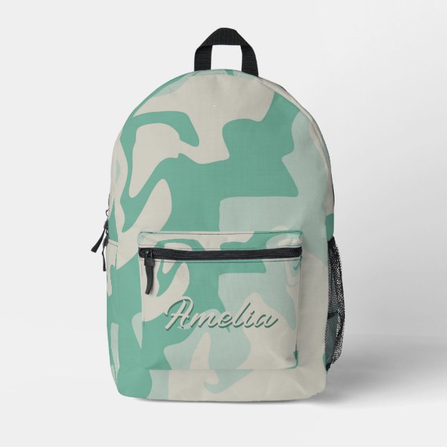 Pastel Green Beige Swirl Pattern Name Printed Backpack (Front)