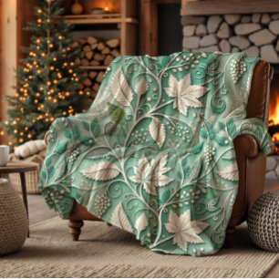 Pastel Green Beige Vintage Botanical Pattern Fleece Blanket