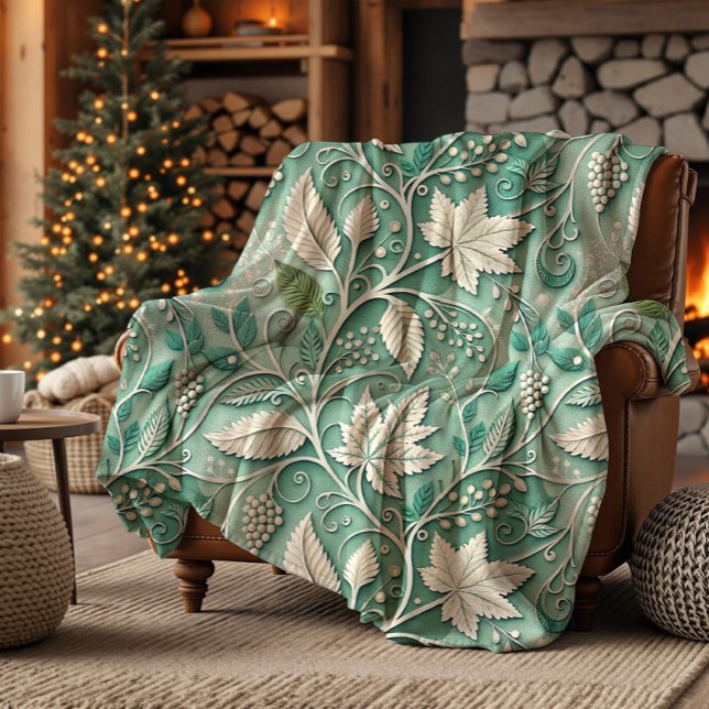 Pastel Green Beige Vintage Botanical Pattern Fleece Blanket (Creator Uploaded)