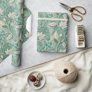 Pastel Green Beige Vintage Botanical Pattern Wrapping Paper
