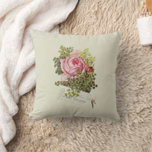 Pastel green blush pink vintage rose typography cushion