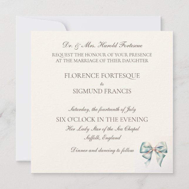 Pastel Green Bow Vintage 1940s Wedding Invitation  (Back)