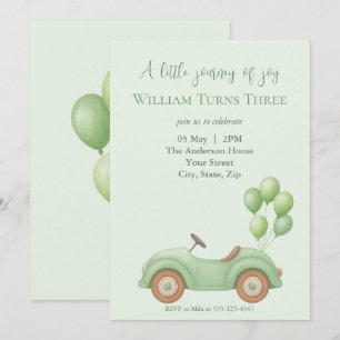Pastel Green Car & Balloon Birthday Invitatio Invitation
