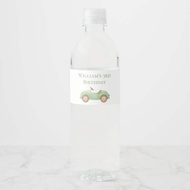 Pastel Green Car & Balloon Water Bottle Label (Front)