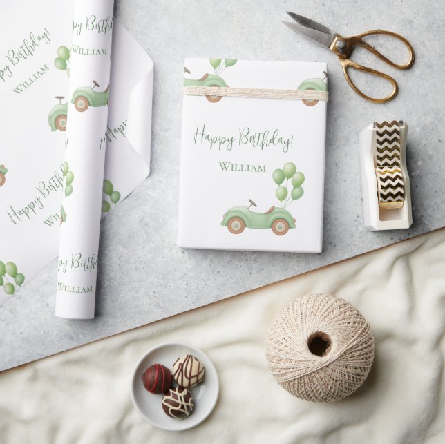 Pastel Green Car & Balloon Wrapping Paper (Crafts)