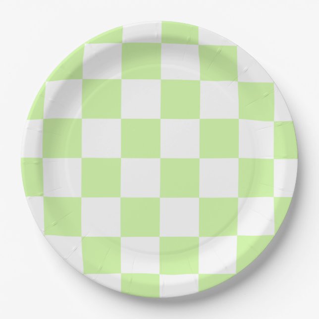 Pastel Green Chequered Gingham Pattern Paper Plate (Front)