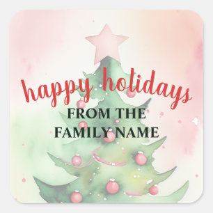 Pastel Green Christmas Tree Red Ornaments Holiday Square Sticker