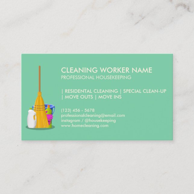 Pastel Green Clean Service Housekeeper Janitorial Business Card (Front)