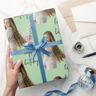 Pastel Green & Custom Birthday text and photo - Wrapping Paper