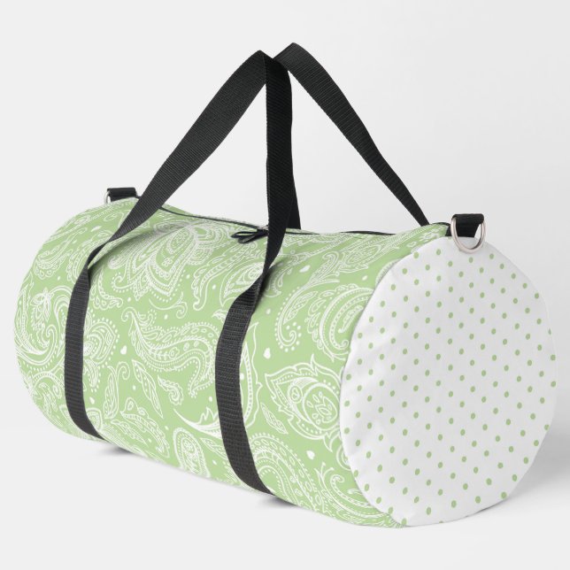 PASTEL GREEN ELABORATE PAISLEY PATTERN & DOTS DUFFLE BAG (Left Corner)