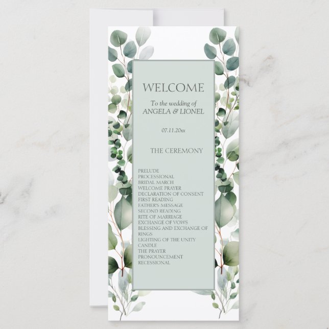 Pastel Green Eucalyptus Foliage Wedding Program (Front)