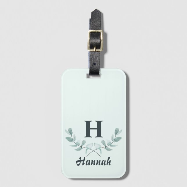 Pastel Green Eucalyptus Leaf Classic Monogram Luggage Tag (Front Vertical)
