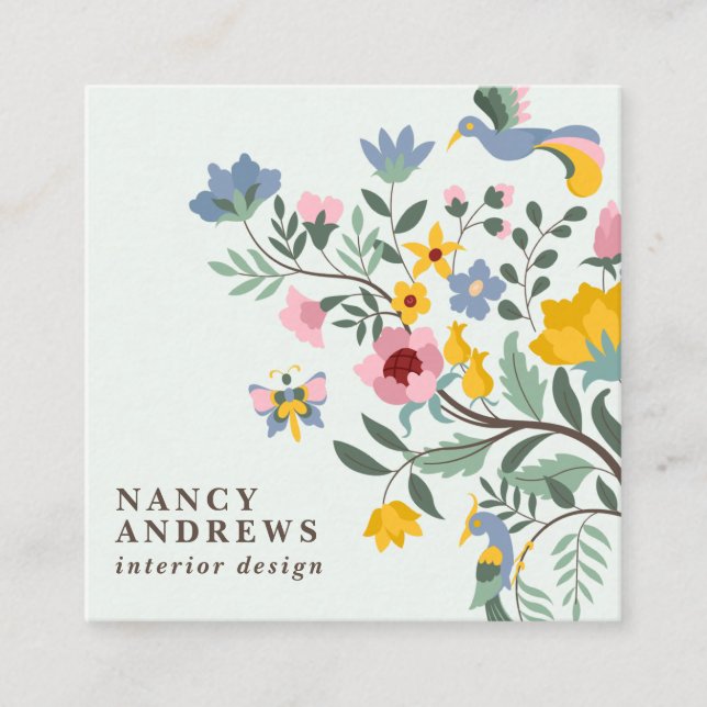 Pastel green floral bouquet whimsical illustration square business card (Front)