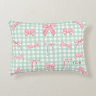 Pastel Green Gingham Pink Bow   Decorative Cushion