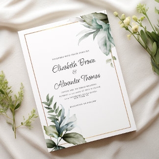 Pastel green gold beautiful leaves floral wedding invitation