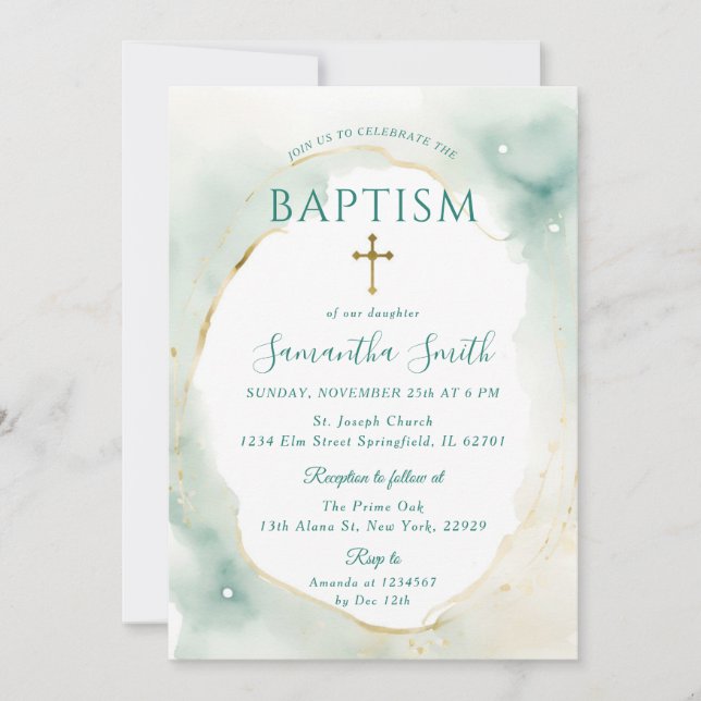 Pastel Green Gold Cross Christening Baptism Invitation (Front)