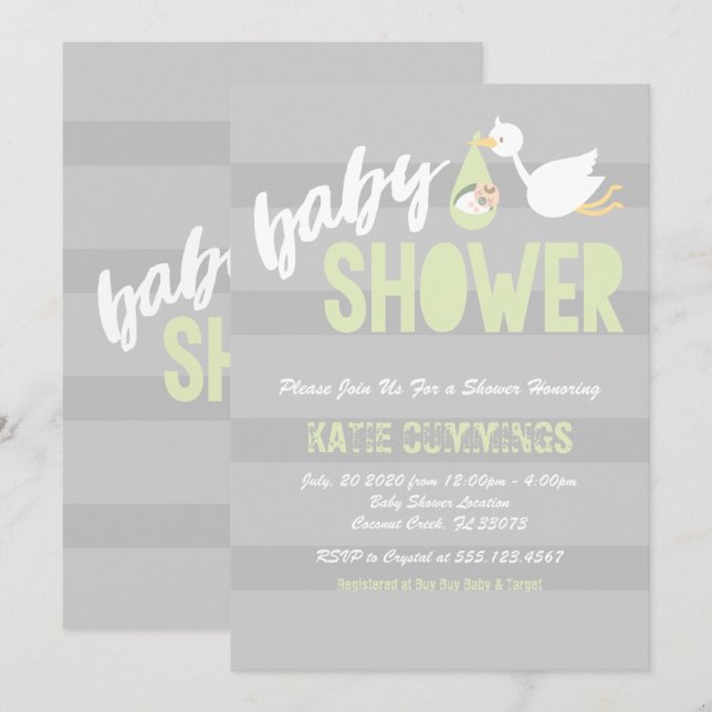 Pastel Green & Grey, Stork Baby Shower Invitation (Front/Back)