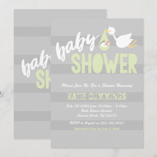 Pastel Green & Grey, Stork Baby Shower Invitation