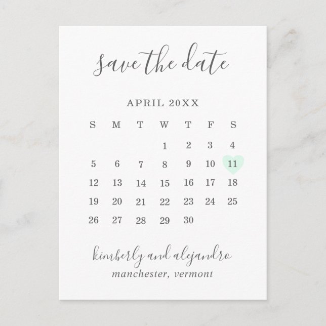 Pastel Green Heart Calendar Modern Save the Date Announcement Postcard (Front)