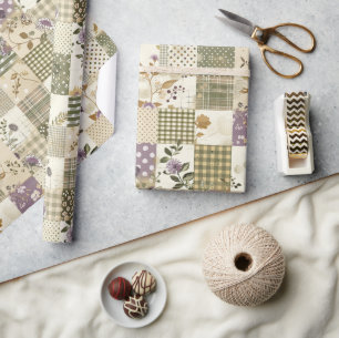 Pastel Green Lilac Quilt Earthy Gingham Patchwork Wrapping Paper