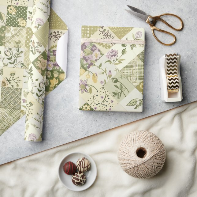 Pastel Green Lilac Quilt Earthy Gingham Patchwork Wrapping Paper (Crafts)
