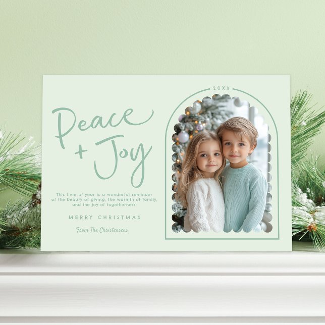Pastel Green Modern Arch Peace Joy Photo Christmas Holiday Card (Shown on a 5" x 7" card)