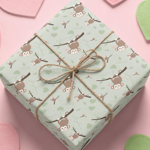 Pastel Green Monkey Valentine Wrapping Paper