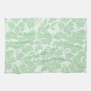 Pastel Green Monochromatic Vintage Floral Damask Tea Towel