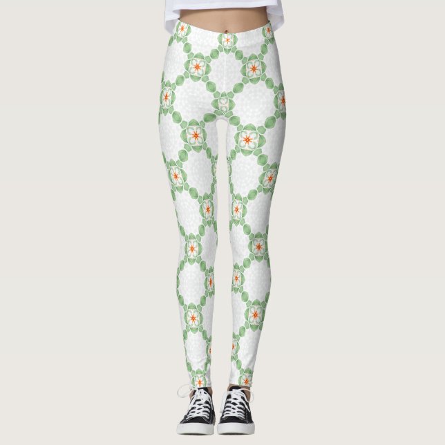 Pastel Green & Orange Floral Leaf Pattern Leggings (Front)
