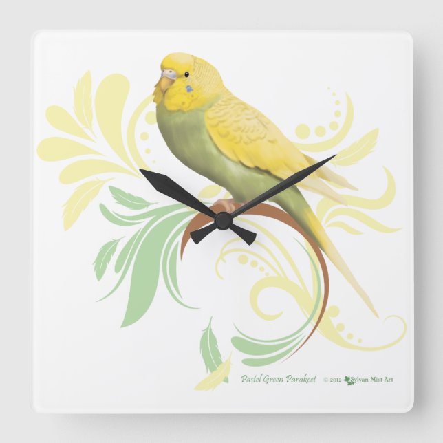 Pastel Green Parakeet Square Wall Clock (Front)