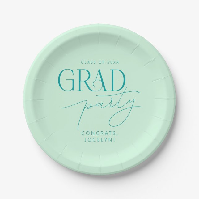 Pastel Green Personalised Minimalist Grad Party Paper Plate (Front)