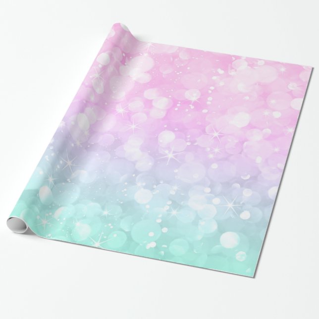 Pastel Green & Pink Glam Bokeh Glitter & Sparkles Wrapping Paper (Unrolled)