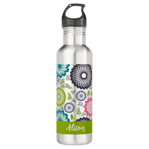 Pastel green pink teal flowers Vintage Floral Name 710 Ml Water Bottle