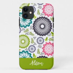 Pastel green pink teal flowers Vintage Floral Name iPhone 11 Case