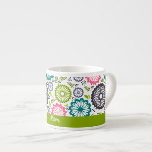 Pastel green pink teal flowers Vintage Floral Name Espresso Cup
