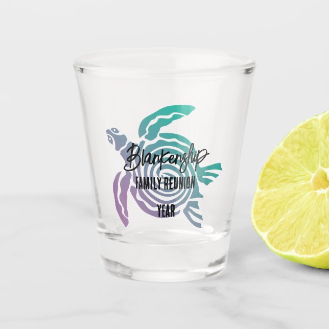 Pastel Green Purple Tribal Turtle Family Reunion  Shot Glass (Front)