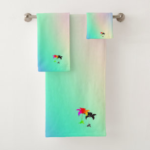 Pastel Green Rainbow Black Floral Gift  Bath Towel Set