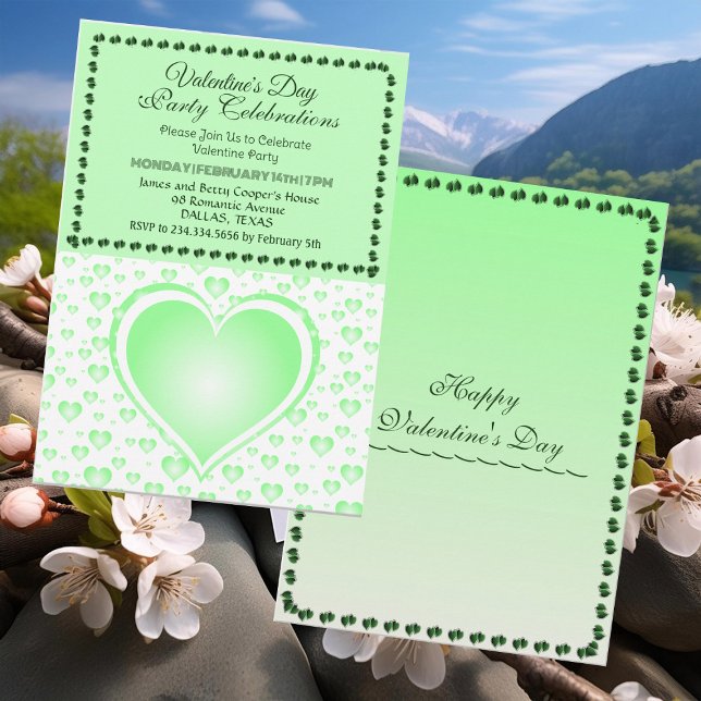 Pastel Green Raining Hearts Valentine's Day Party  Invitation (Pastel Green Raining Hearts Valentine's Day Party Invitation)