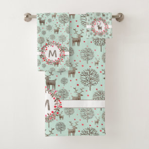 Pastel Green Reindeer Pattern Watercolor Monogram Bath Towel Set