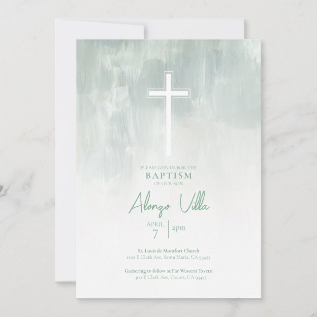 Pastel Green Religious Catholic Baptism Invitation (Front)